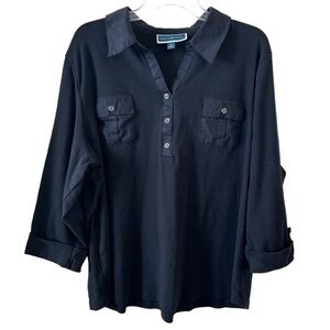 Black Button Shirt with Notched Collar and 3/4 Sleeves Plus Size 🖤